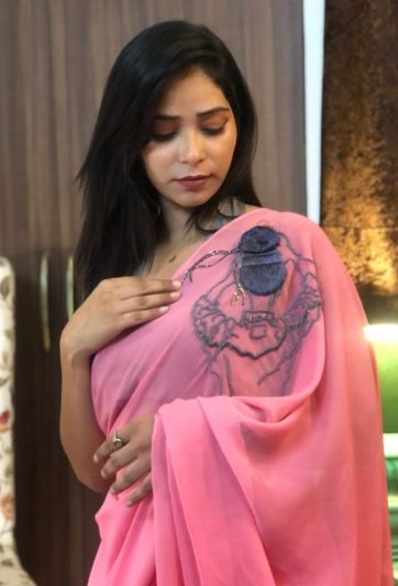 Pink Tassel Girl Embroidery Magic Saree