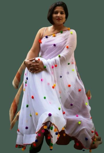 White Georgette PomPomp Magic Saree