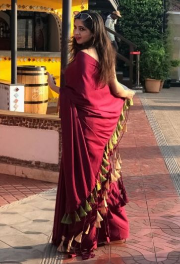 Stitched Magic Saree Trending Wine Multi Color Tassel Magic Saree 453