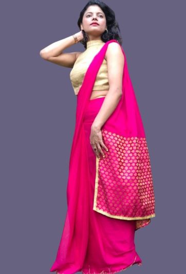Stitched Saree Trending Plain Magenta Chiffon Magic Saree 528