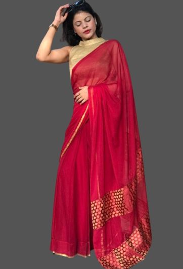 Stitched Saree Wrapround Color Red Fabric Chiffon Magic Saree 529