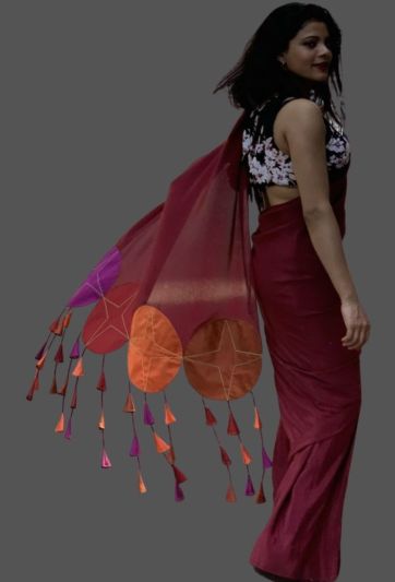 Maroon Aplic Tassel magic Saree