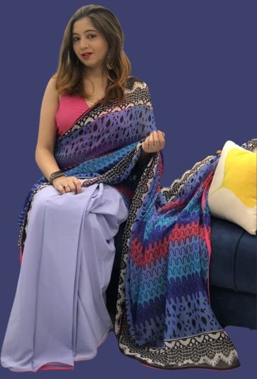 Lavender Printed half & half Magic Saree 583