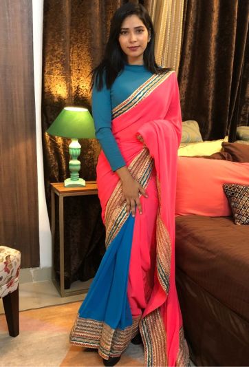Stitched  Saree Trending  Pink & Blue Magic Saree 599