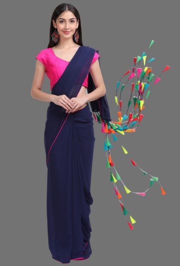 Stitched Saree Trending Blue Multi Colour Tassel Magic Saree 669