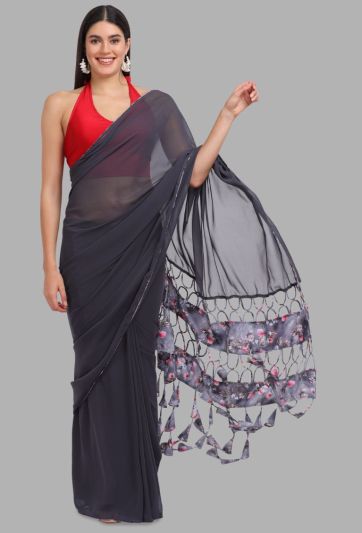 Stitched Saree Trending Printed Color Grey Tassel Magic Saree 671