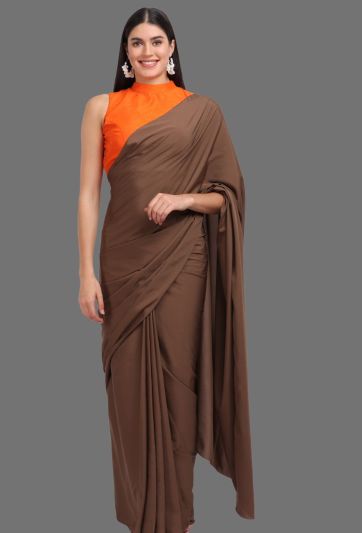 Stitched Saree Trending Plain Brown Magic Saree 673