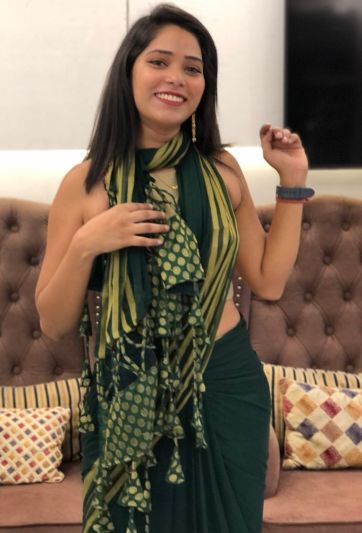 Stitched Saree Trending Green Chiffon Tassel Magic Saree stripe 678