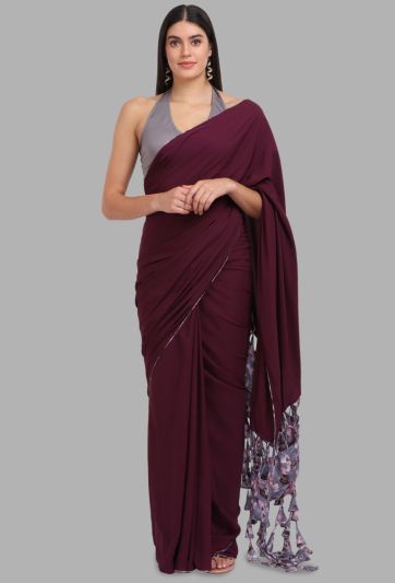 Stitched Saree Trending Plain Purple with Print Tassel Magic Saree 684