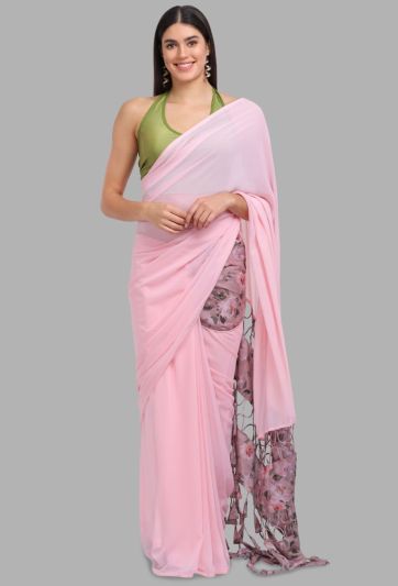 Stitched Saree Trending Plain Pink with Print Pocket Tassel Magic Saree 685