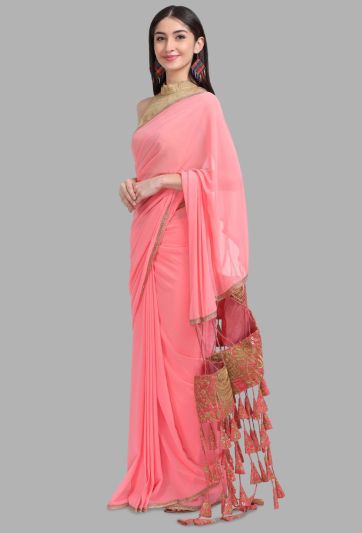 Stitched Saree Trending Pink Embroidery Tassel Magic Saree 688