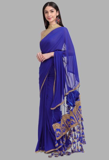 Stitched Saree Trending Blue Embroidery  Tassel Magic Saree 689