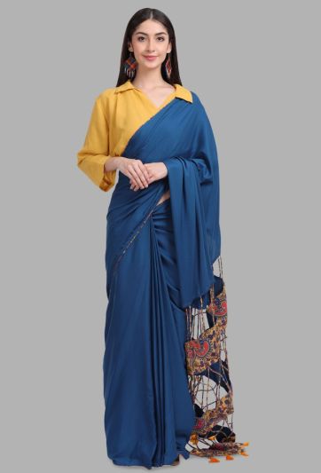 Stitched Saree Trending Plain Blue Kalamkari Tassel Magic Saree 690