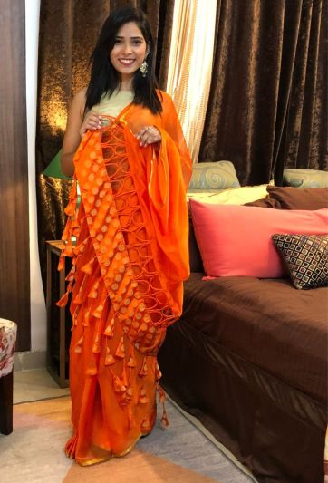 Stitched Saree Trending Orange Chiffon Tassel Magic Saree 694