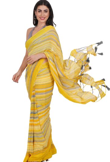 Yellow Printed Chiffon Stitched Magic Saree 712
