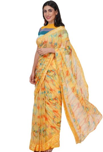 Yellow Printed Chiffon Stitched Magic Saree 714