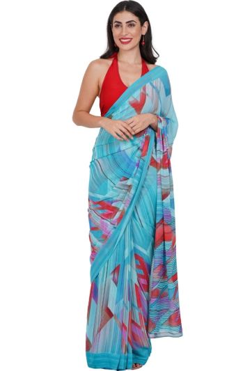 Blue Printed Chiffon Stitched Magic Saree 718
