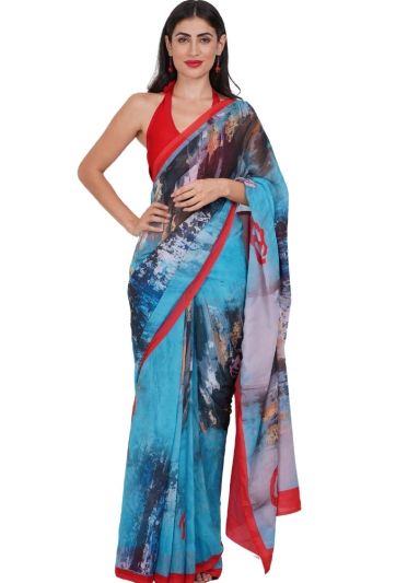 Blue Printed Georgette Stitched Magic Saree 722