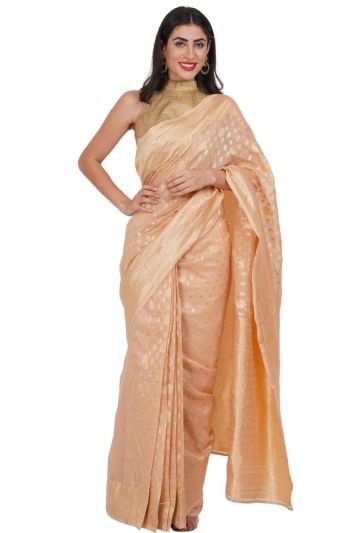 Peach Golden Cotton Stitched Magic Saree 723