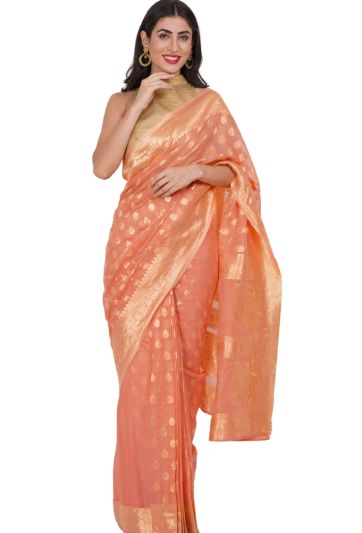 Peach Gold  Cotton Stitched Magic Saree 726