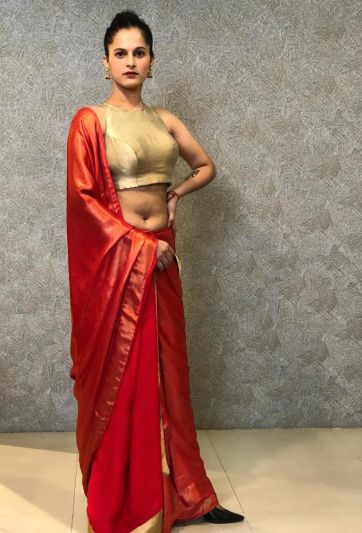 Red Satin Shimmer Stitched Magic Saree 728