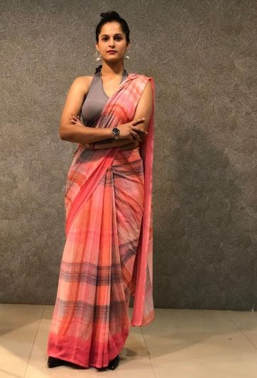 Pink Printed Chiffon Stitched Magic Saree 730