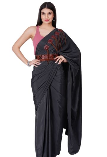 Grey Crepe Leather Aplic & Leather Belt Magic Saree 744