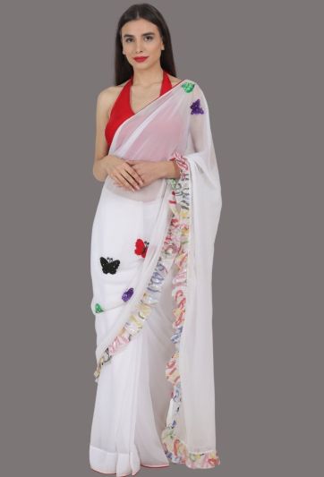 White Georgette bugs Hand Embroidery