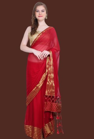 Red Chiffon Tassel Magic Saree with stripe border