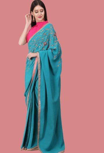 Sea Green Crepe Magic Saree  embroidery